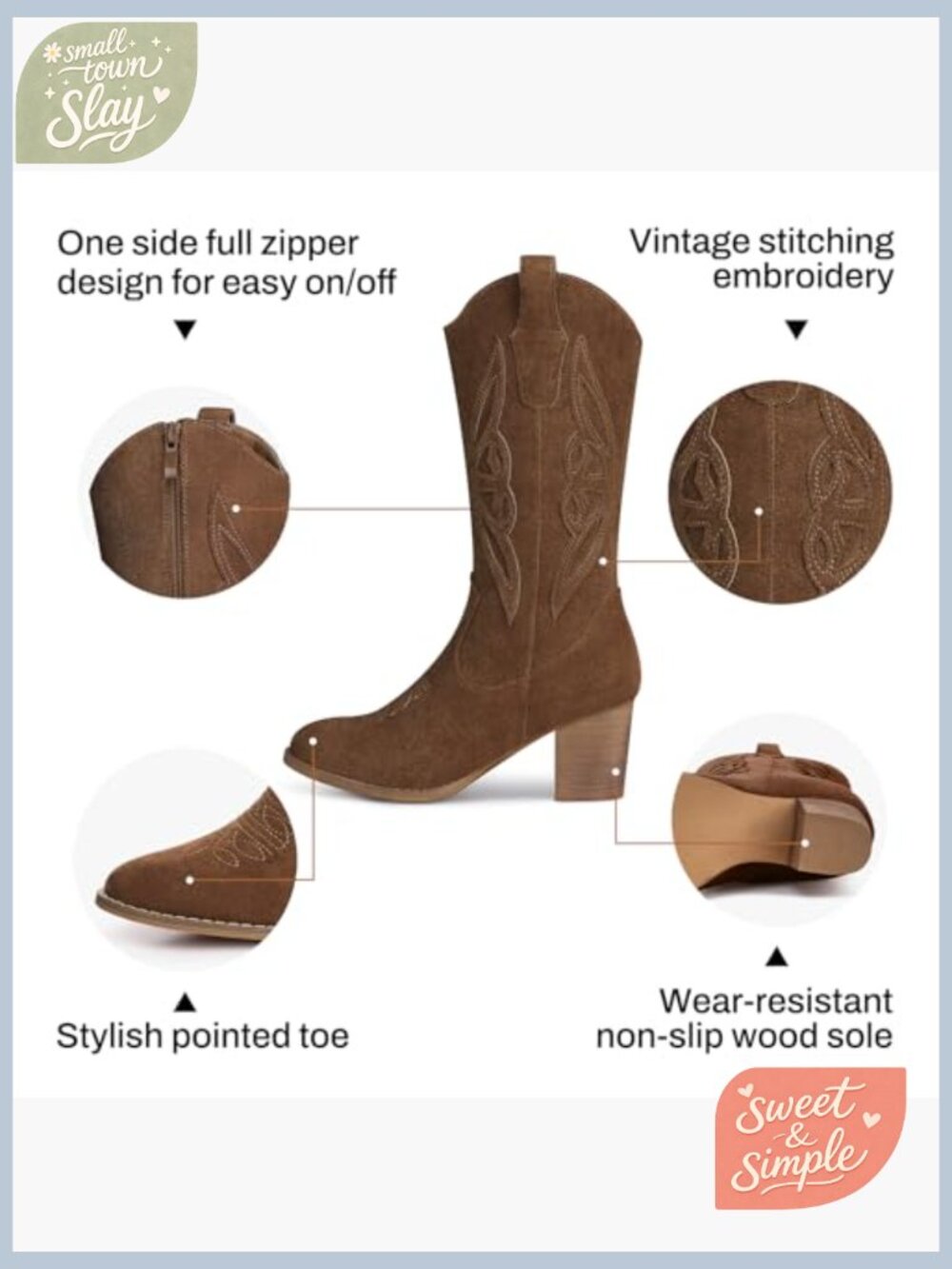 Women's Mid Calf Embroidered Cowboy Booties Pointed Toe Zip - Picture 4 of 7